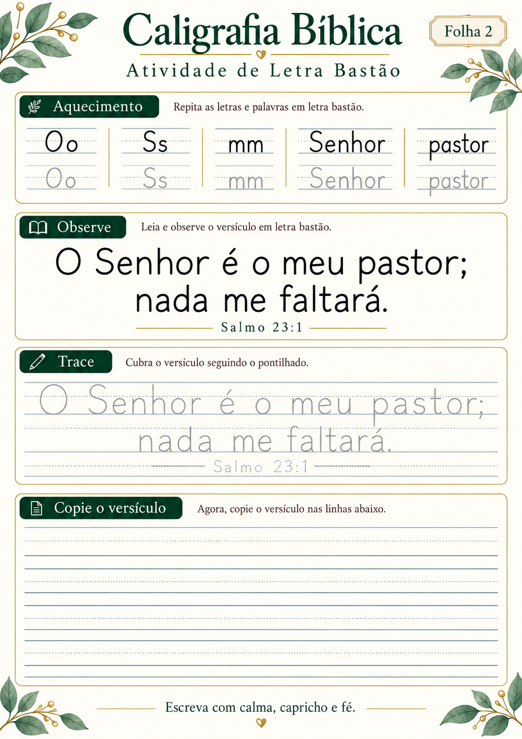 Atividade de caligrafia bíblica em letra bastão — folha 2