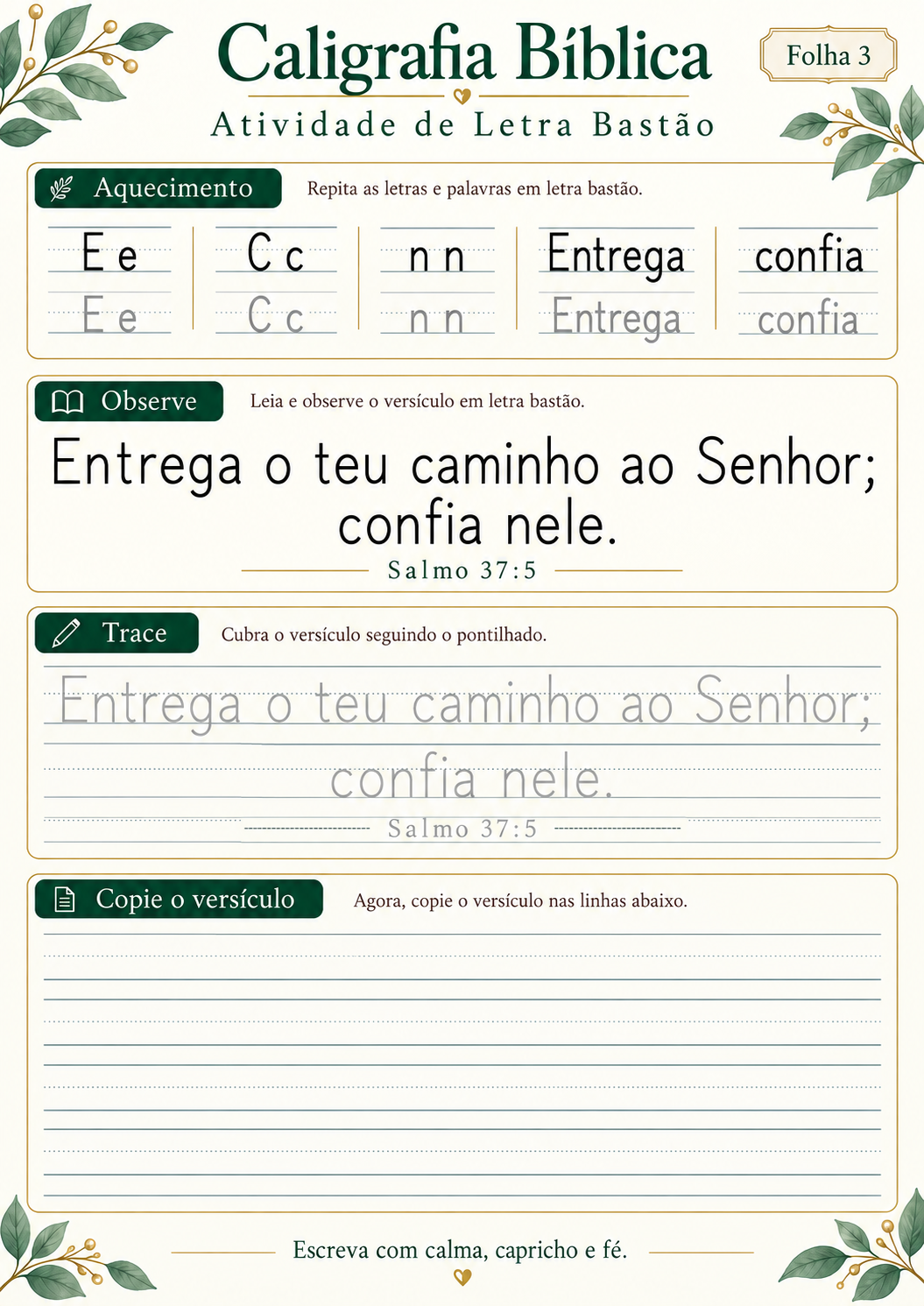 Atividade de caligrafia bíblica em letra bastão — folha 3