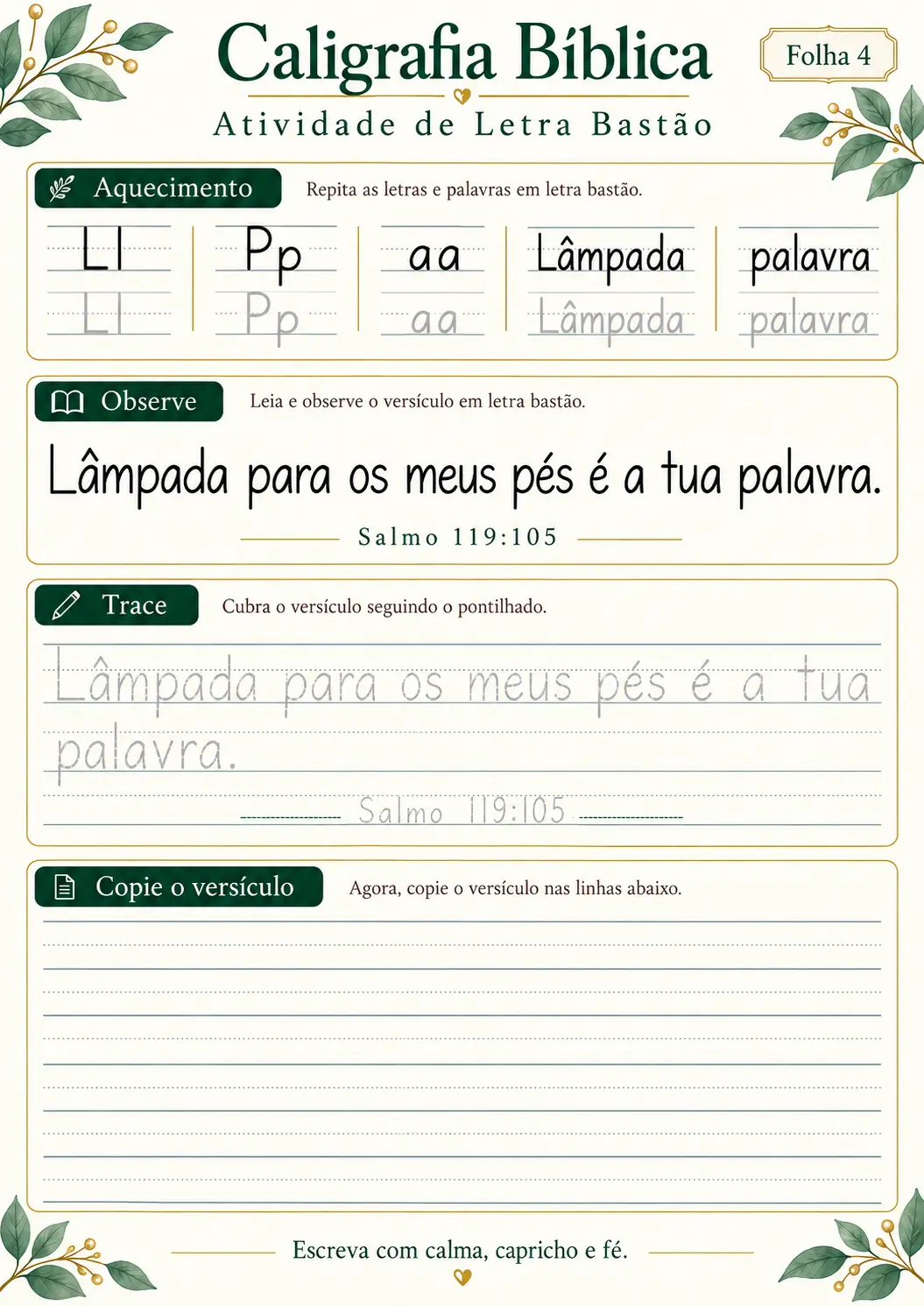 Atividade de caligrafia bíblica em letra bastão — folha 4