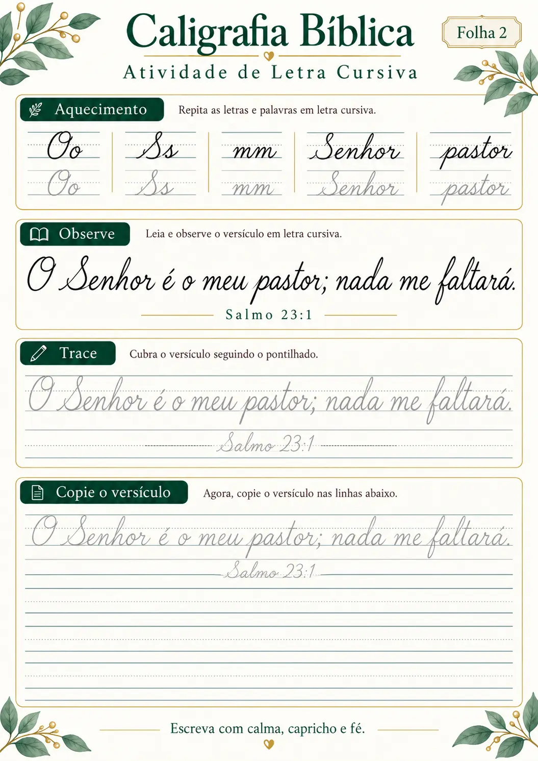 Atividade de caligrafia bíblica em letra cursiva — folha 2